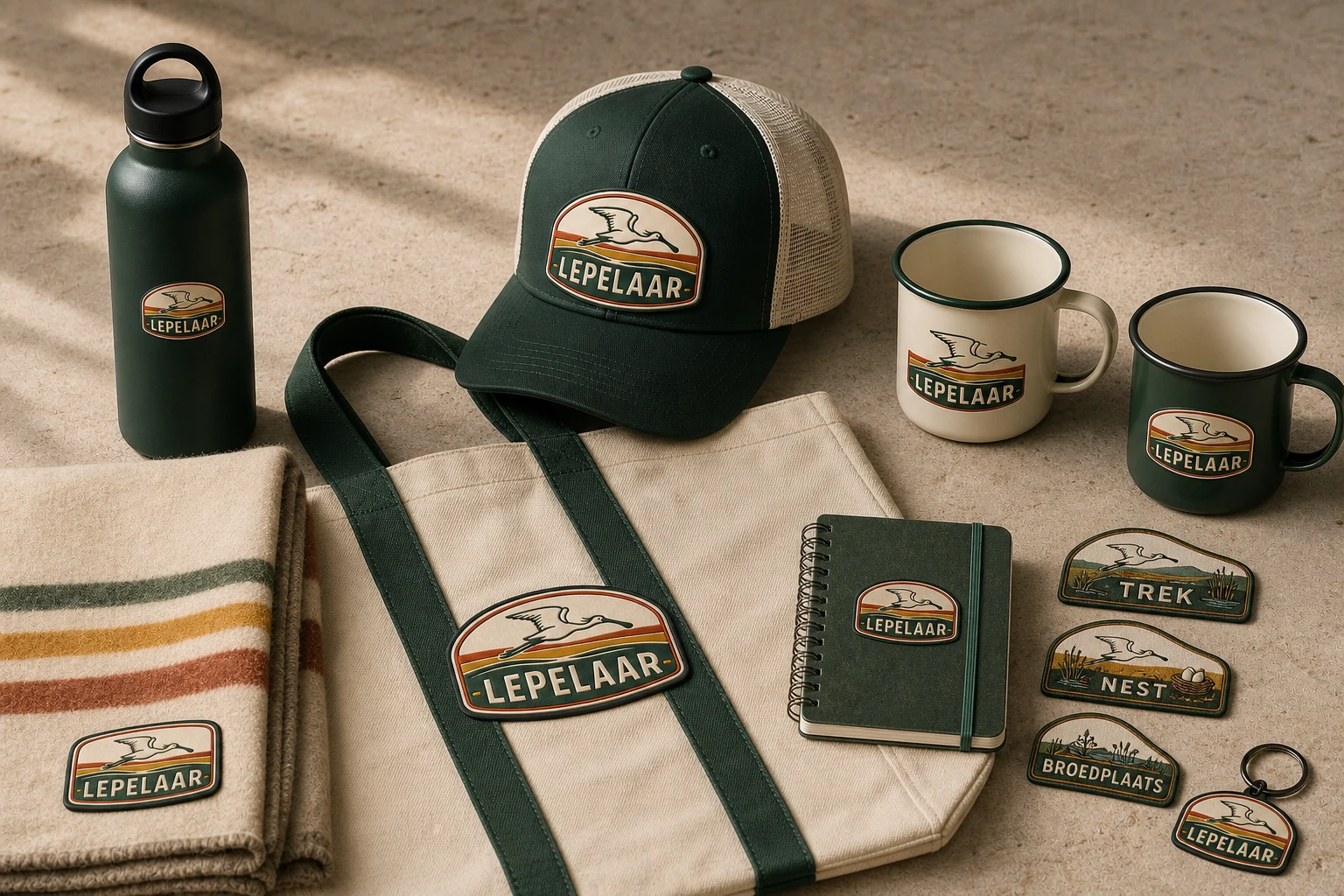 Lepelaar Goods-collectie met pet, drinkfles, campingmokken, tas, deken en veldaccessoires