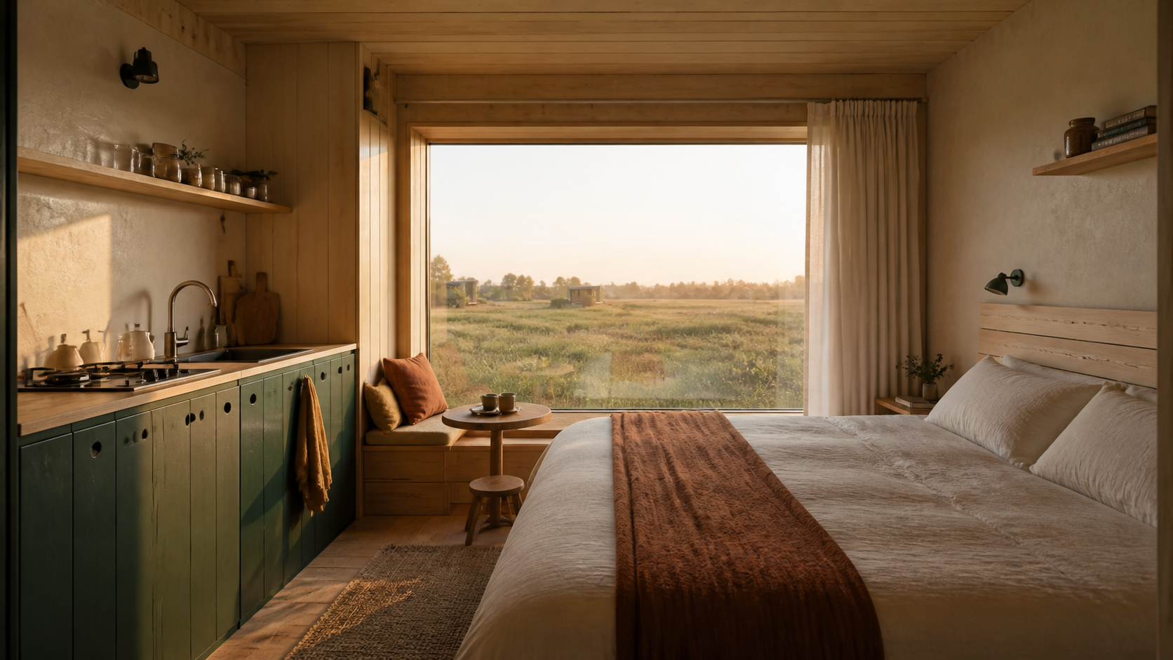 Warm ecologisch interieur met bed, keuken en polderraam