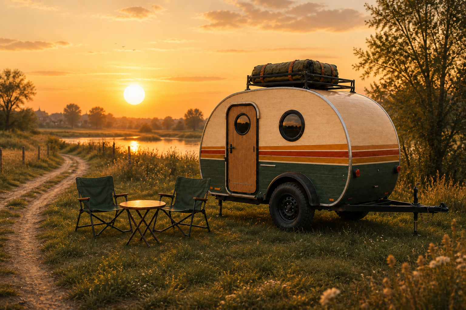 Lepelaar T1 teardroptrailer in een gouden landschap